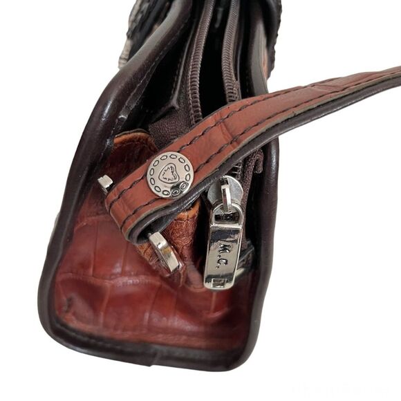 M C Marc Chantal Leather Bag Croc Embossed Two Tone Brown Silver Hardware - Picture 3 of 8